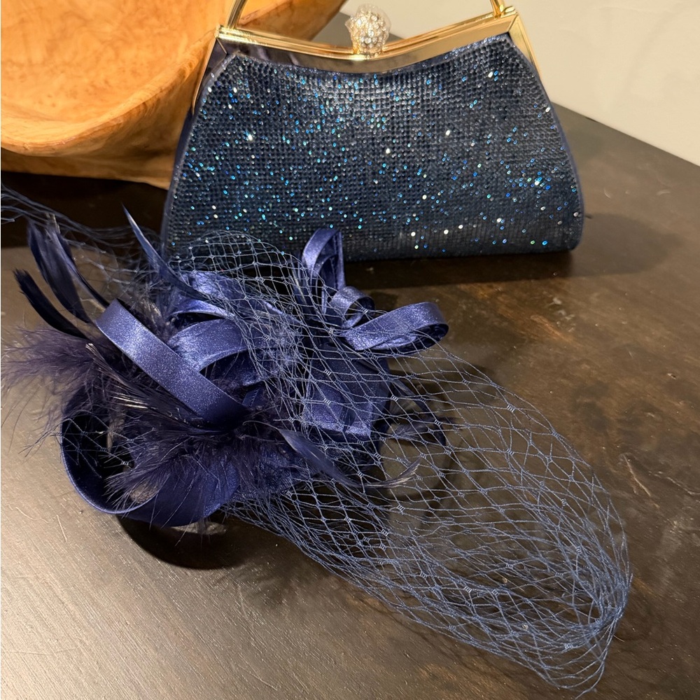 Elegant Blue Glitter Clutch and Fascinator Set / NWT